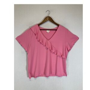 Coquette True Beauty by Emme‎ Women 1X Pink Ruffle Split Sleeve V-Neck Top